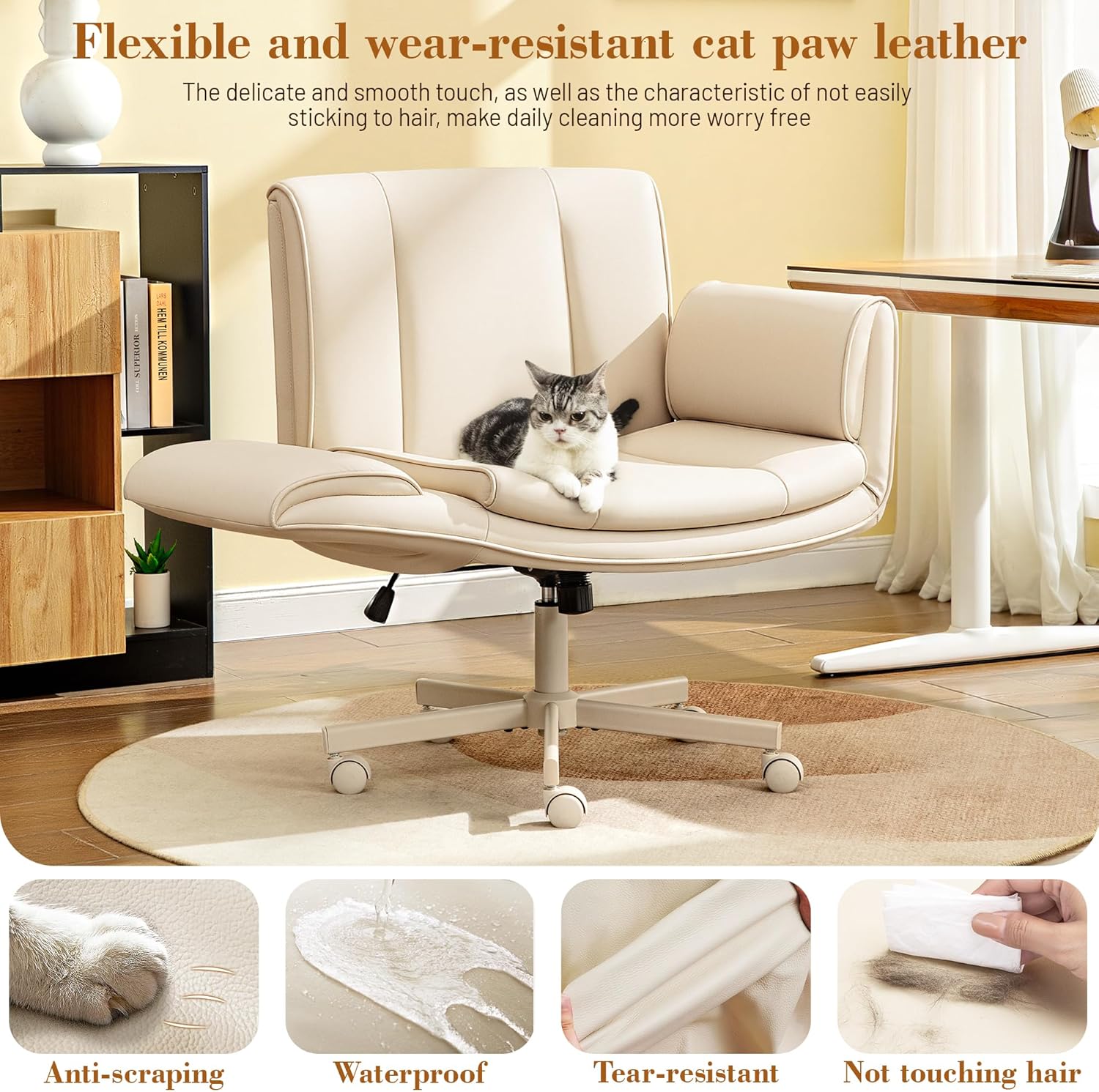 HeroSet Criss Cross Chair with Wheels & Armrests,Comfy Wide Vanity Chair,Scratch-Resistant Pu Leather Cross Legged Desk Chair,Height Adjustable Computer Office Desk Chairs for Home,Makeup,Bedroom