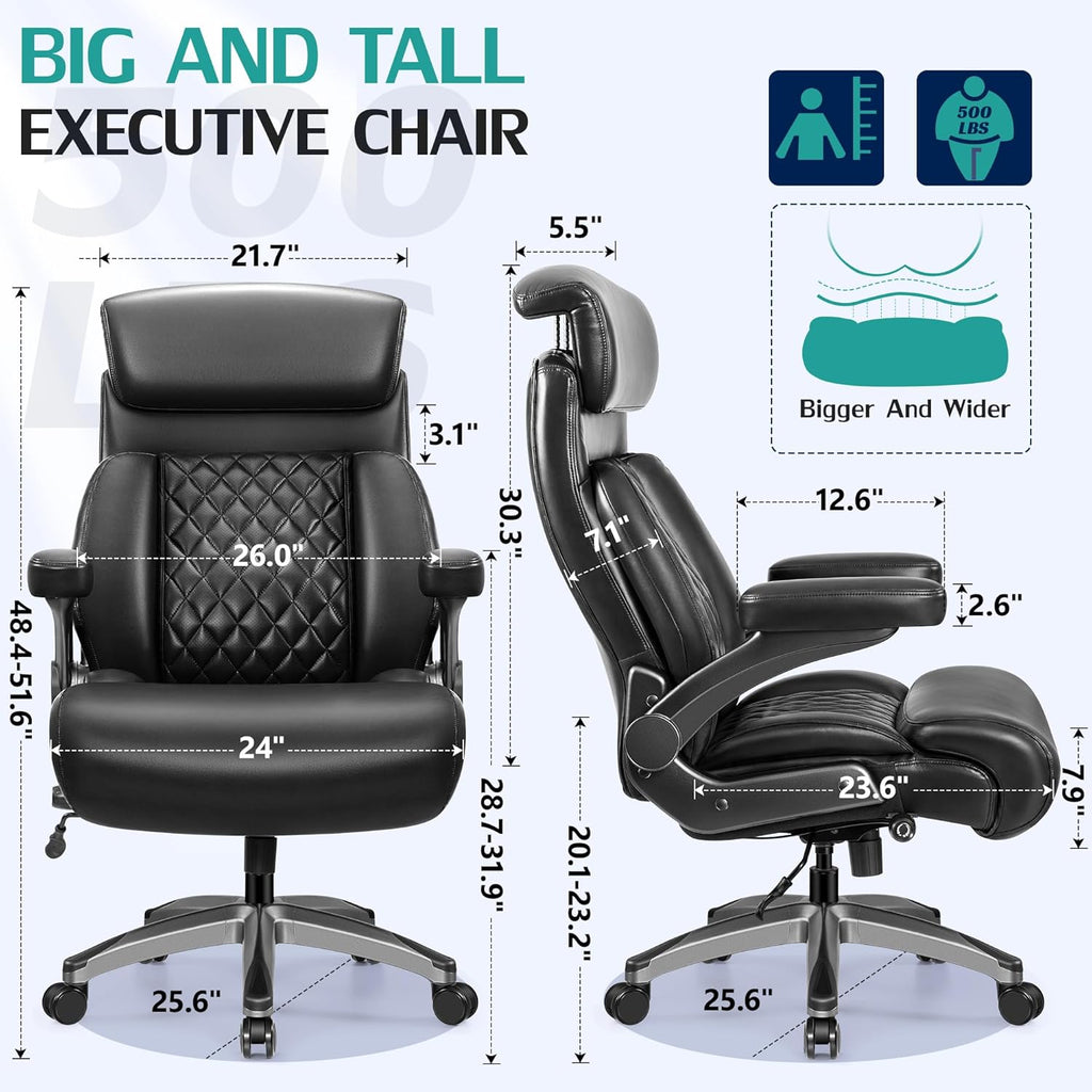 500lbs Executive Office Chair, Big and Tall Home Desk Chairs for Large People, Heavy Duty PU Leather Computer Gaming Chair with Adjustable Lumbar Support & Armrests, Thick Padding for Comfort