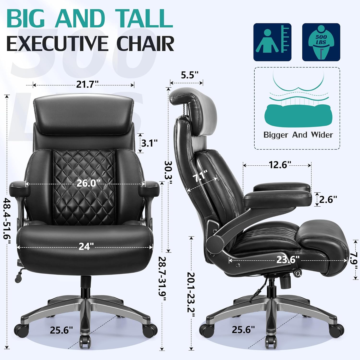 500lbs Executive Office Chair, Big and Tall Home Desk Chairs for Large People, Heavy Duty PU Leather Computer Gaming Chair with Adjustable Lumbar Support & Armrests, Thick Padding for Comfort