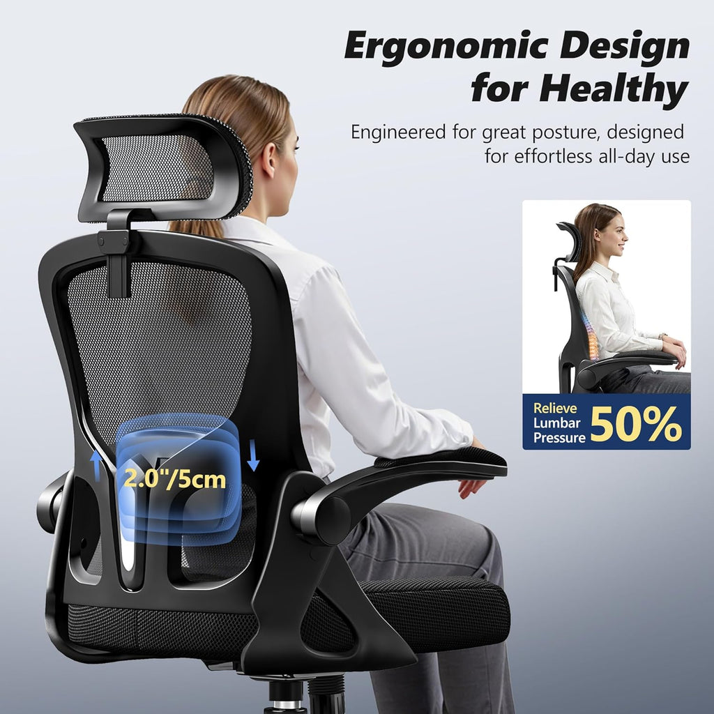 Ergonomic Office Chair, High Back Desk Chair with Flip-up Arms, 300 LBS Mesh Computer Chair with Adjustable Headrest & Lumbar Support, Comfy Gaming Chair for Adults, Home Office Desk Chairs