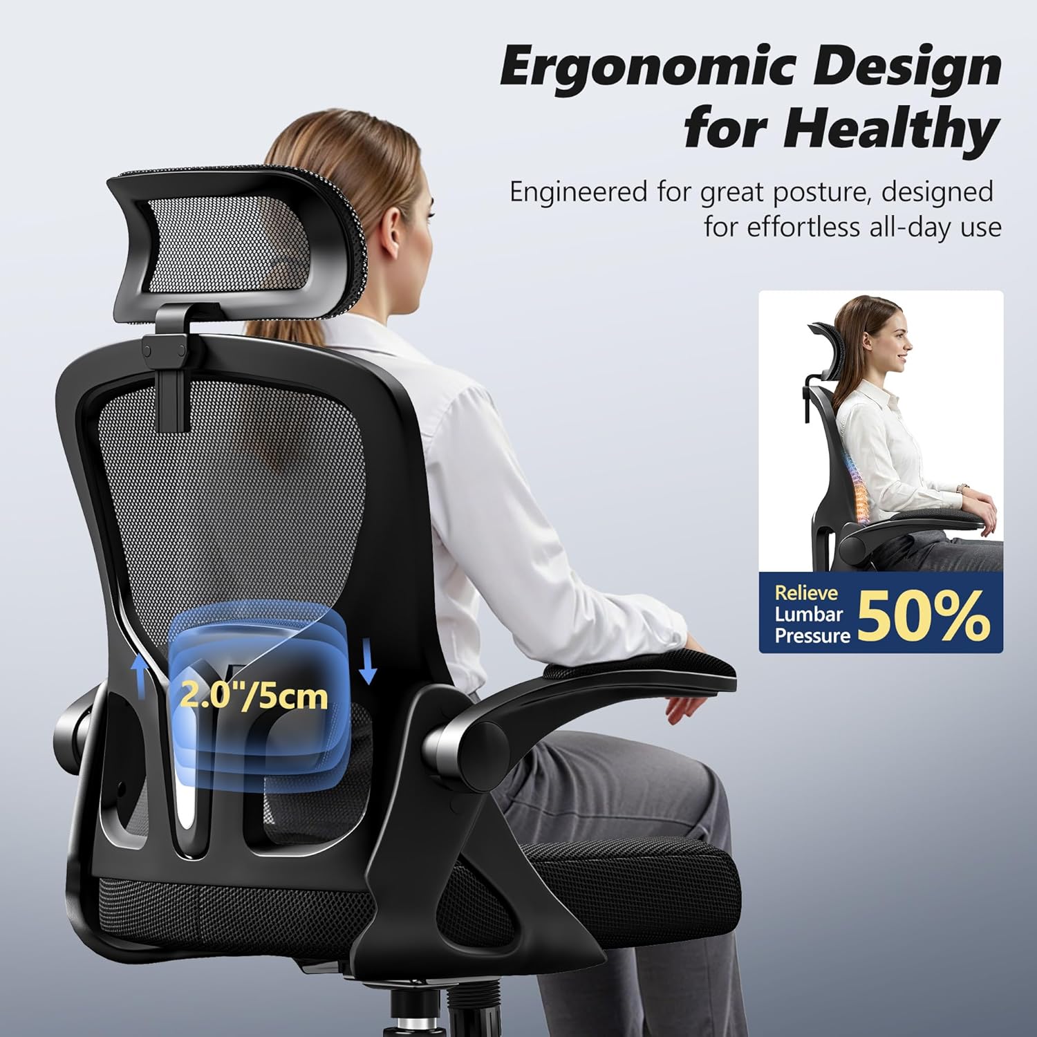 Ergonomic Office Chair, High Back Desk Chair with Flip-up Arms, 300 LBS Mesh Computer Chair with Adjustable Headrest & Lumbar Support, Comfy Gaming Chair for Adults, Home Office Desk Chairs