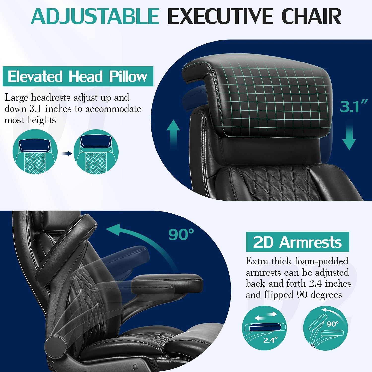 500lbs Executive Office Chair, Big and Tall Home Desk Chairs for Large People, Heavy Duty PU Leather Computer Gaming Chair with Adjustable Lumbar Support & Armrests, Thick Padding for Comfort