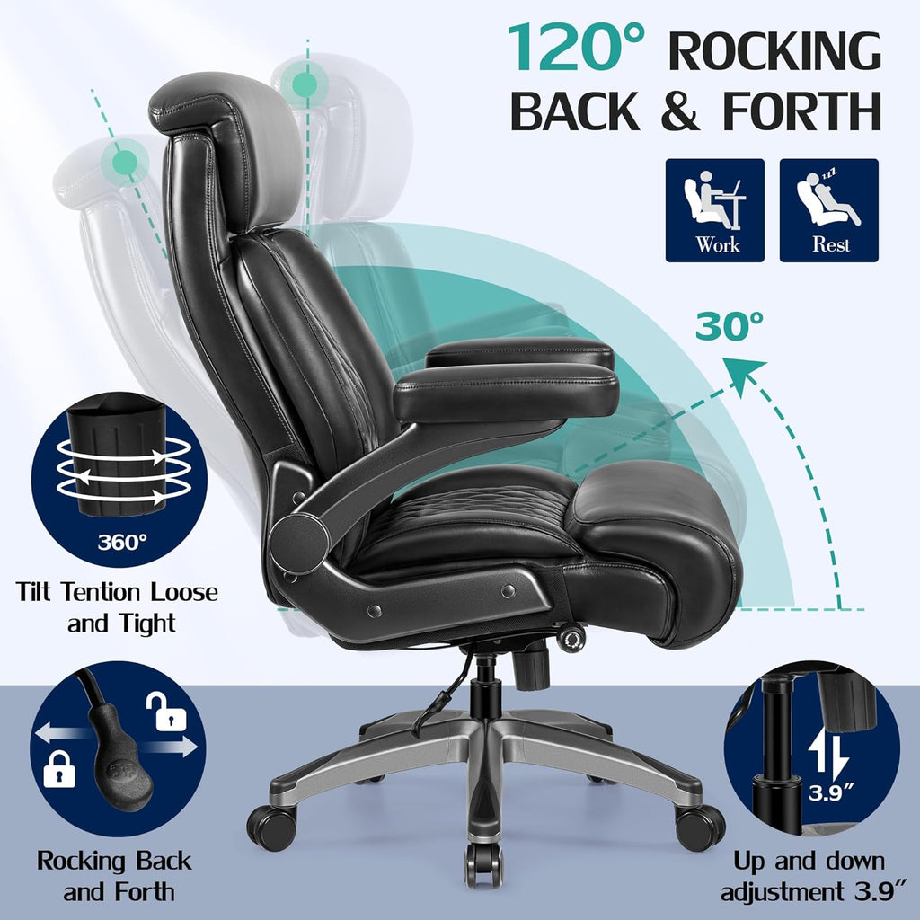 500lbs Executive Office Chair, Big and Tall Home Desk Chairs for Large People, Heavy Duty PU Leather Computer Gaming Chair with Adjustable Lumbar Support & Armrests, Thick Padding for Comfort