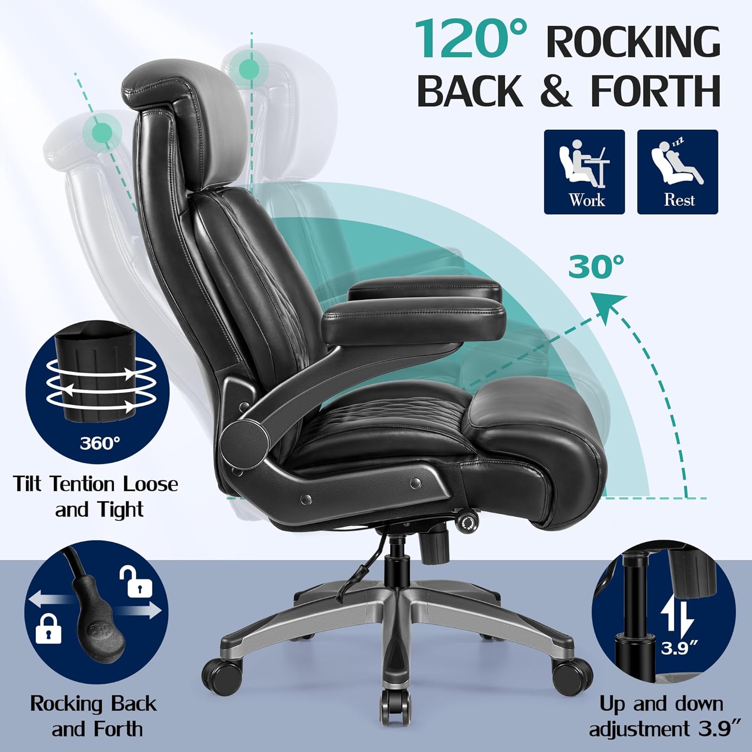 500lbs Executive Office Chair, Big and Tall Home Desk Chairs for Large People, Heavy Duty PU Leather Computer Gaming Chair with Adjustable Lumbar Support & Armrests, Thick Padding for Comfort