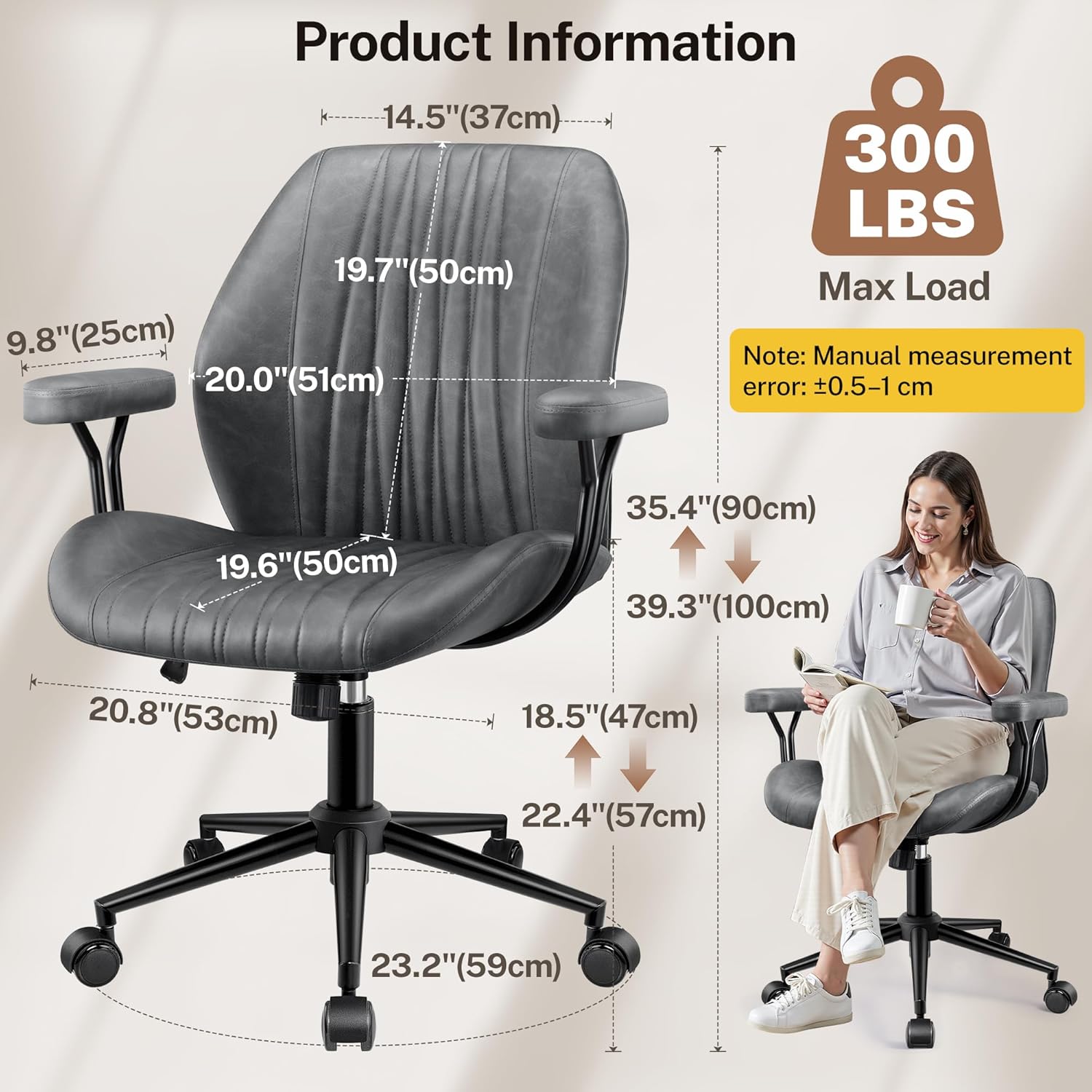 HeroSet Leather Office Chair with Removable Armrests