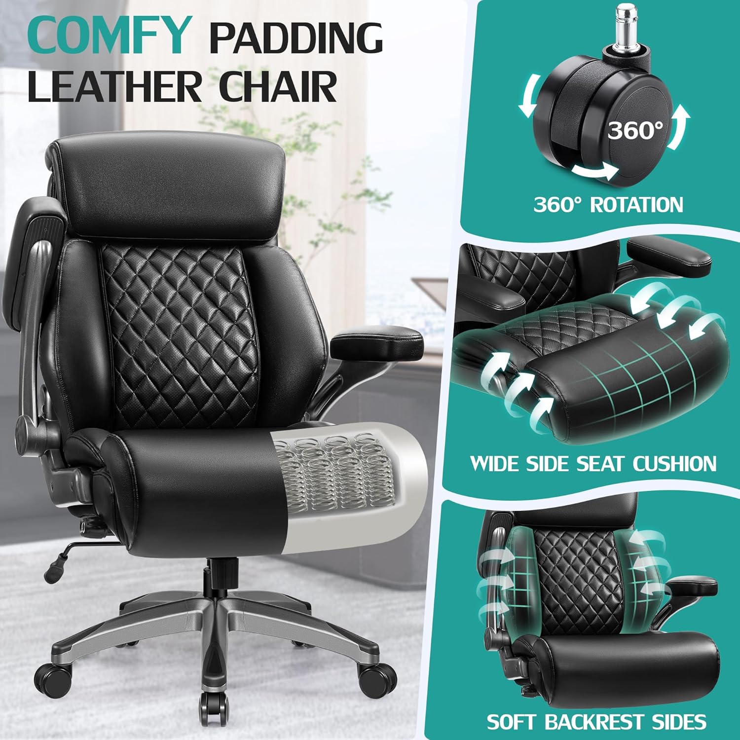 500lbs Executive Office Chair, Big and Tall Home Desk Chairs for Large People, Heavy Duty PU Leather Computer Gaming Chair with Adjustable Lumbar Support & Armrests, Thick Padding for Comfort