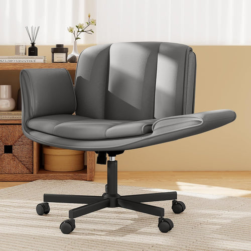 HeroSet Criss Cross Chair with Wheels & Armrests,Comfy Wide Vanity Chair,Scratch-Resistant Pu Leather Cross Legged Desk Chair,Height Adjustable Computer Office Desk Chairs for Home,Makeup,Bedroom