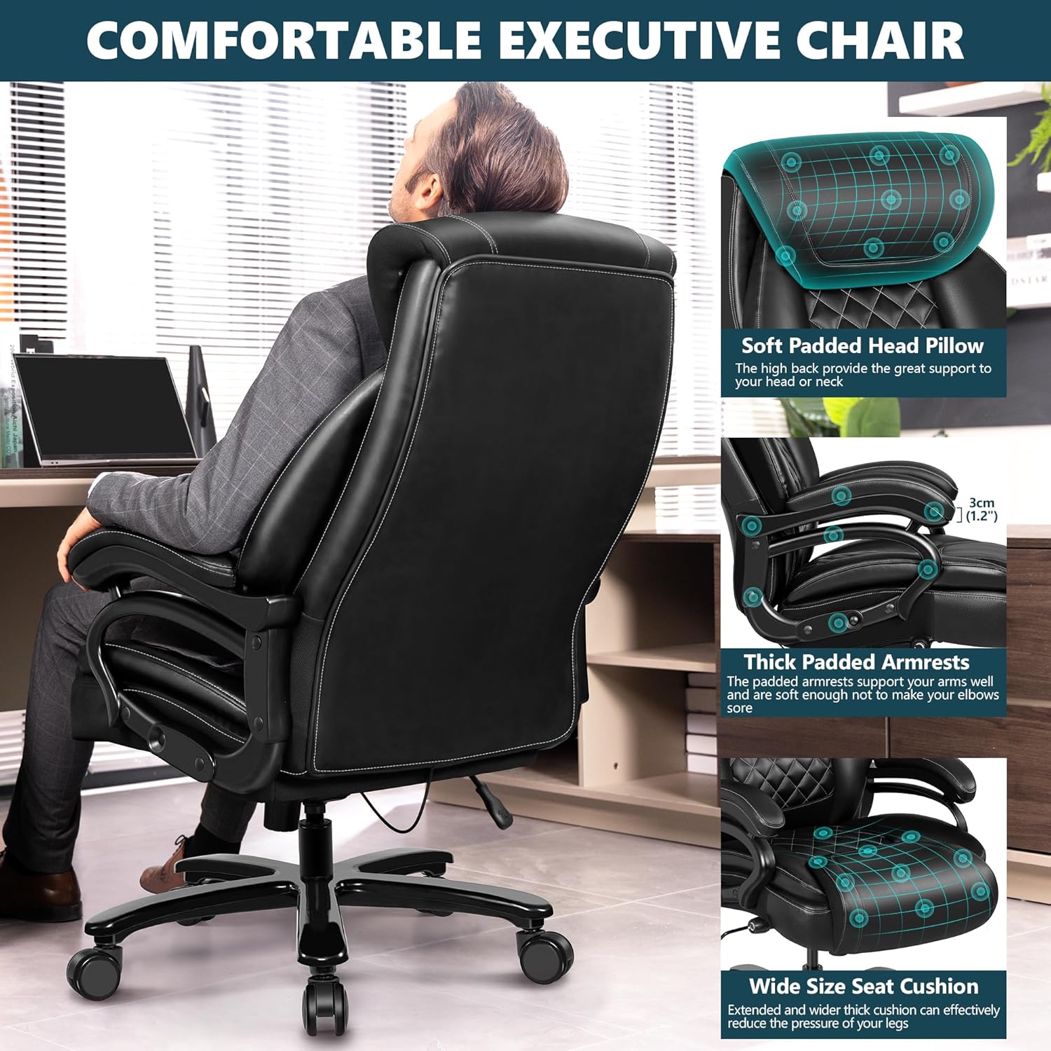 Big and Tall 500lbs Office Chair,Heavy Duty Large PU Leather Executive Desk Chair with Wide Seat, Adjustbale Ergonomic Lumbar Support High Back Rocking Computer Chair for Heavy People