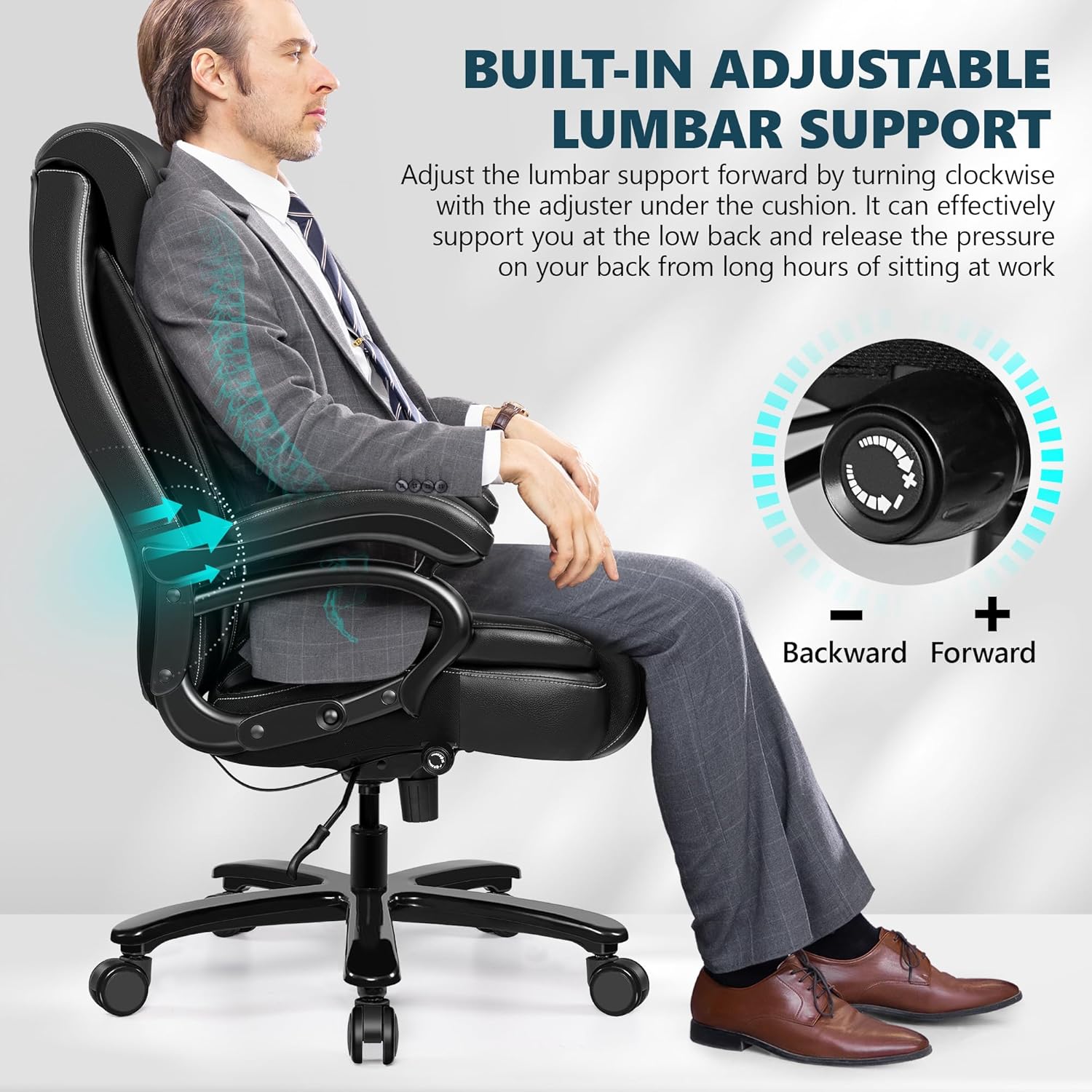 Big and Tall 500lbs Office Chair,Heavy Duty Large PU Leather Executive Desk Chair with Wide Seat, Adjustbale Ergonomic Lumbar Support High Back Rocking Computer Chair for Heavy People