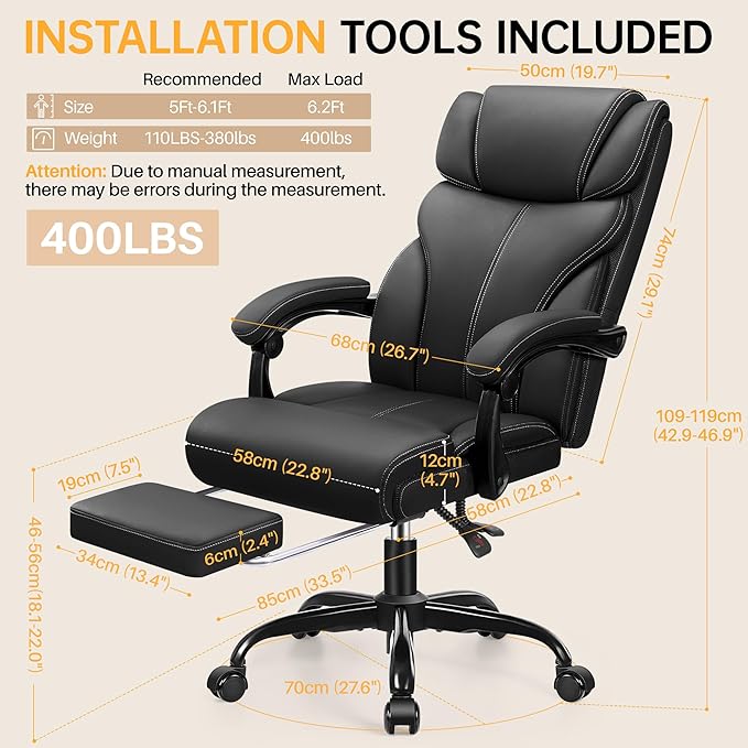 HeroSet Office Chair, Executive Big and Tall Leather Desk Chairs with Footrest, Ergonomic Breathable Computer Chair with Adjustable High Back