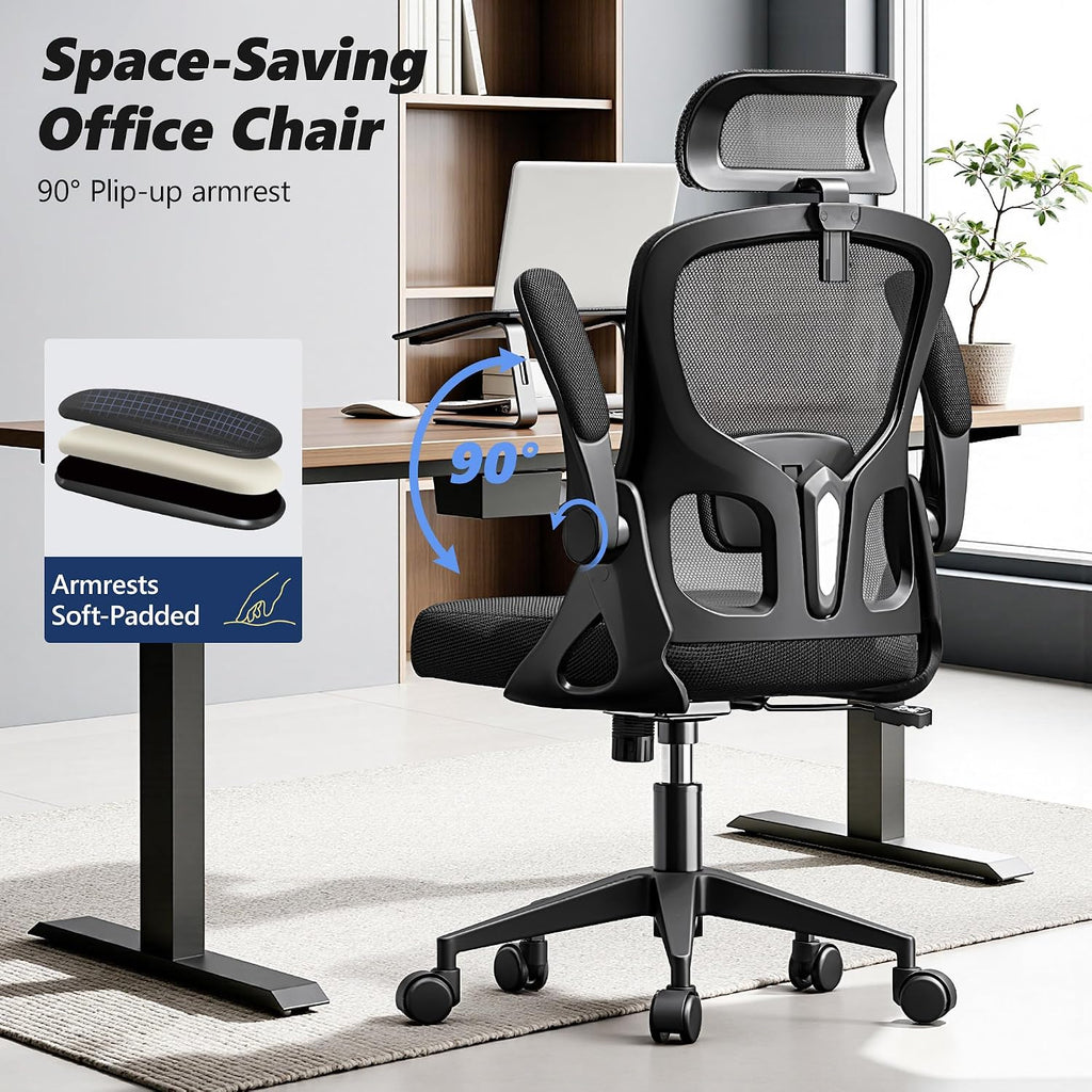 Ergonomic Office Chair, High Back Desk Chair with Flip-up Arms, 300 LBS Mesh Computer Chair with Adjustable Headrest & Lumbar Support, Comfy Gaming Chair for Adults, Home Office Desk Chairs