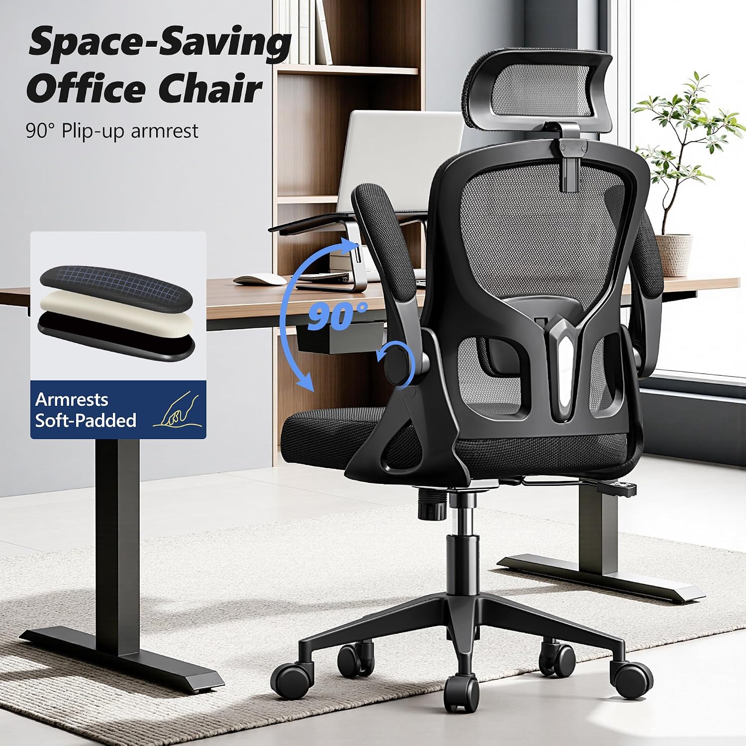 Ergonomic Office Chair, High Back Desk Chair with Flip-up Arms, 300 LBS Mesh Computer Chair with Adjustable Headrest & Lumbar Support, Comfy Gaming Chair for Adults, Home Office Desk Chairs