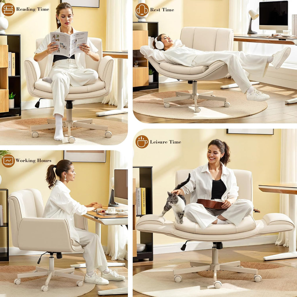 HeroSet Criss Cross Chair with Wheels & Armrests,Comfy Wide Vanity Chair,Scratch-Resistant Pu Leather Cross Legged Desk Chair,Height Adjustable Computer Office Desk Chairs for Home,Makeup,Bedroom