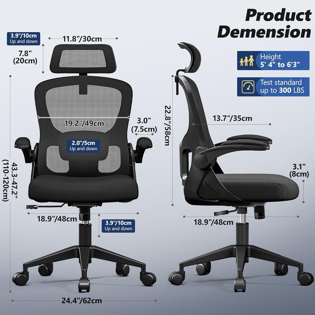 Ergonomic Office Chair, High Back Desk Chair with Flip-up Arms, 300 LBS Mesh Computer Chair with Adjustable Headrest & Lumbar Support, Comfy Gaming Chair for Adults, Home Office Desk Chairs