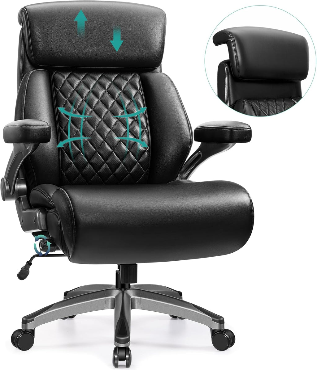 500lbs Executive Office Chair, Big and Tall Home Desk Chairs for Large People, Heavy Duty PU Leather Computer Gaming Chair with Adjustable Lumbar Support & Armrests, Thick Padding for Comfort