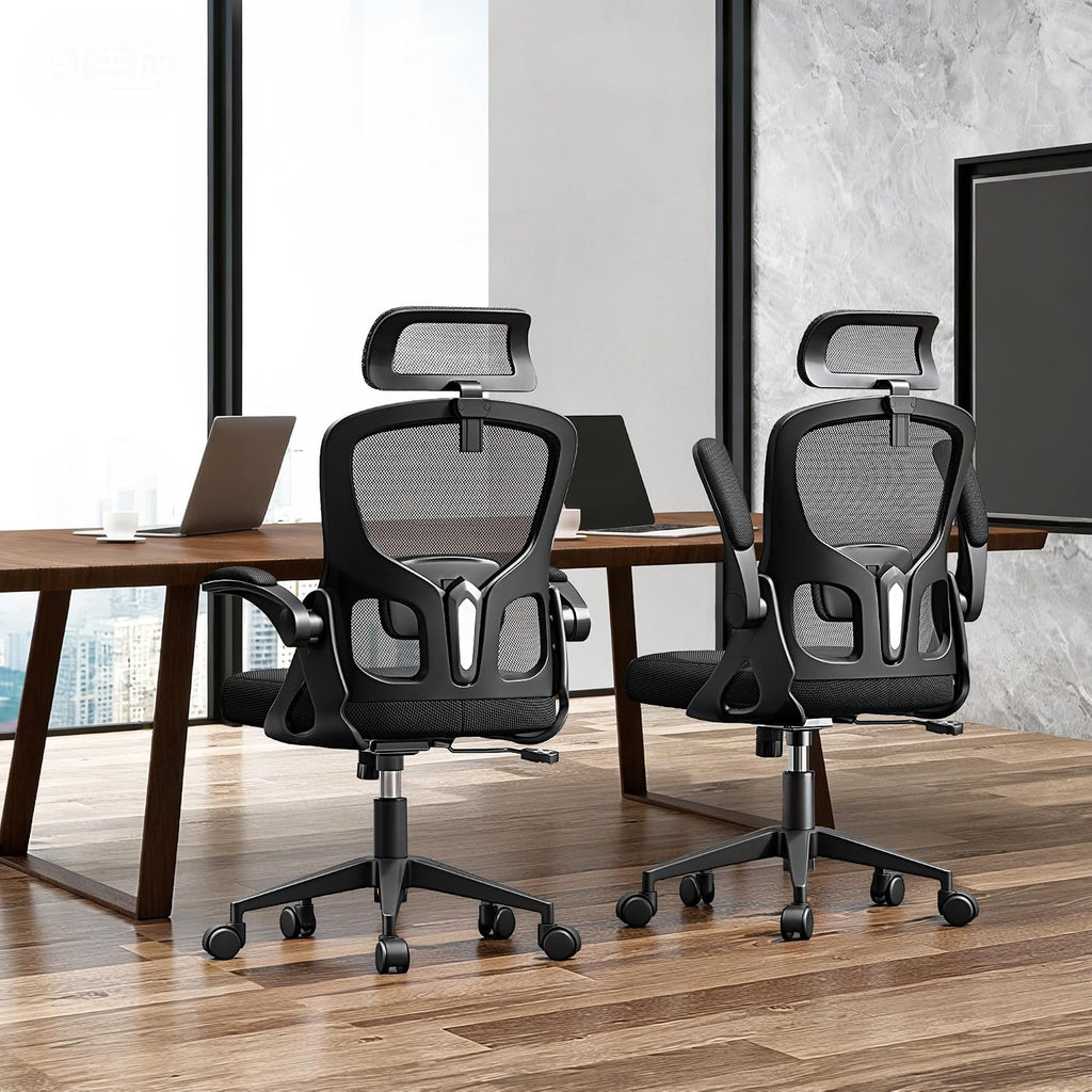Ergonomic Office Chair, High Back Desk Chair with Flip-up Arms, 300 LBS Mesh Computer Chair with Adjustable Headrest & Lumbar Support, Comfy Gaming Chair for Adults, Home Office Desk Chairs