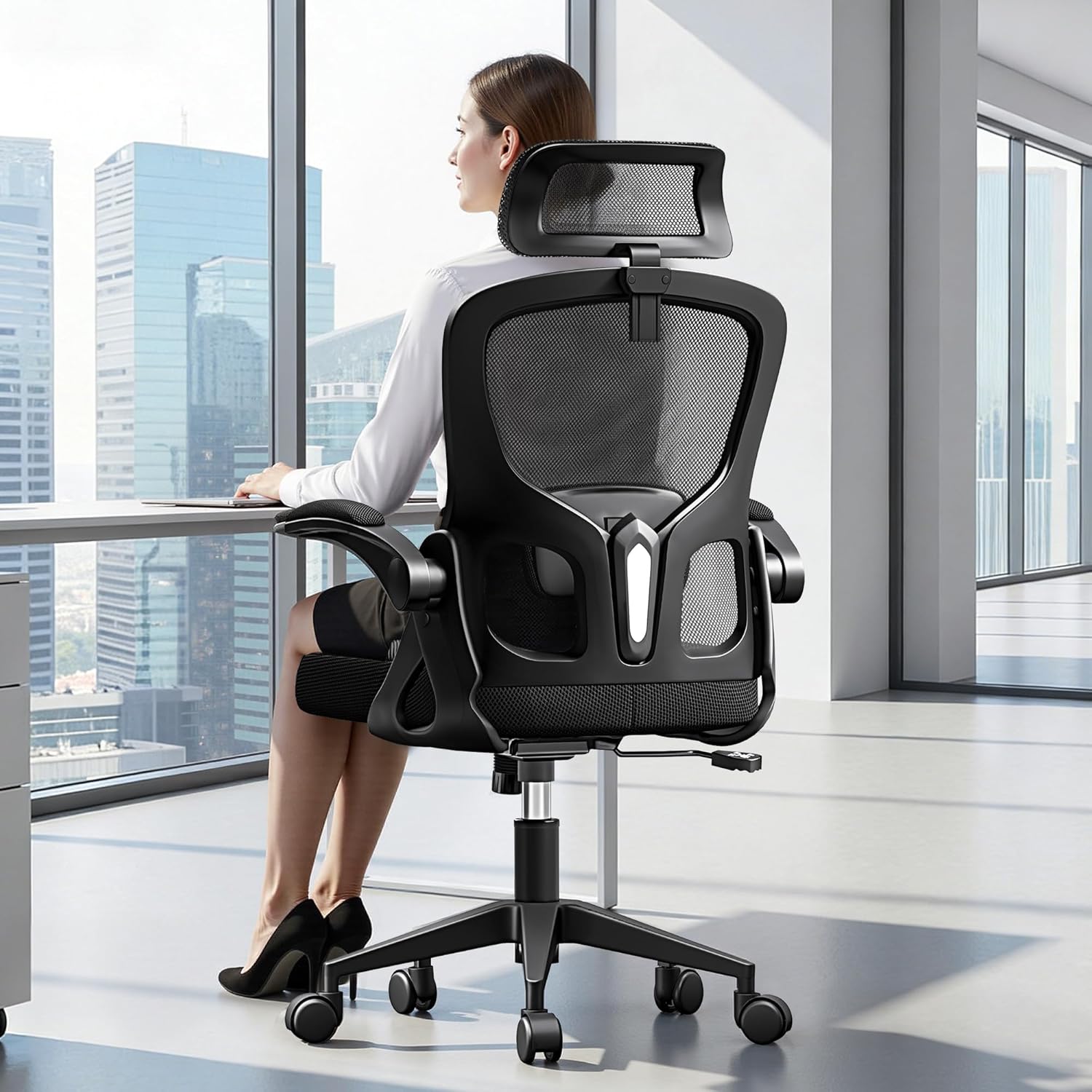 Ergonomic Office Chair, High Back Desk Chair with Flip-up Arms, 300 LBS Mesh Computer Chair with Adjustable Headrest & Lumbar Support, Comfy Gaming Chair for Adults, Home Office Desk Chairs