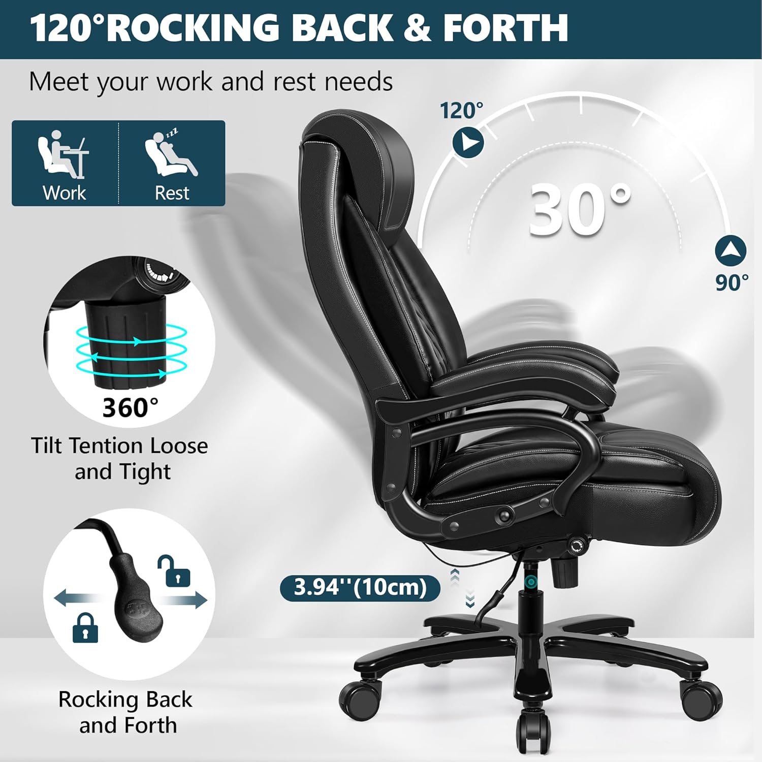 Big and Tall 500lbs Office Chair,Heavy Duty Large PU Leather Executive Desk Chair with Wide Seat, Adjustbale Ergonomic Lumbar Support High Back Rocking Computer Chair for Heavy People