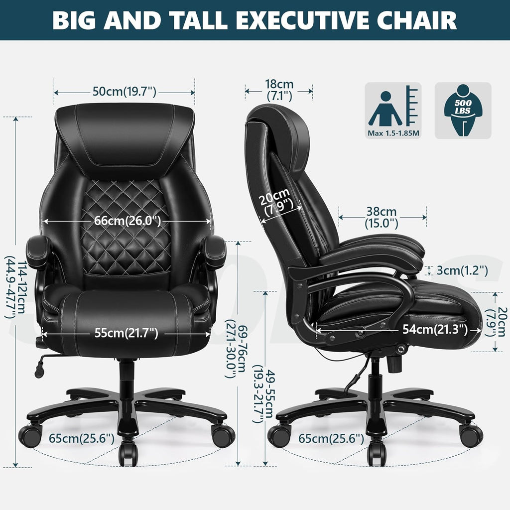 Big and Tall 500lbs Office Chair,Heavy Duty Large PU Leather Executive Desk Chair with Wide Seat, Adjustbale Ergonomic Lumbar Support High Back Rocking Computer Chair for Heavy People
