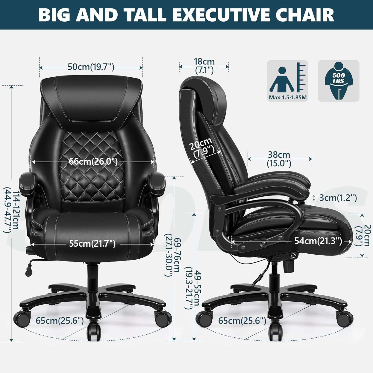 Big and Tall 500lbs Office Chair,Heavy Duty Large PU Leather Executive Desk Chair with Wide Seat, Adjustbale Ergonomic Lumbar Support High Back Rocking Computer Chair for Heavy People