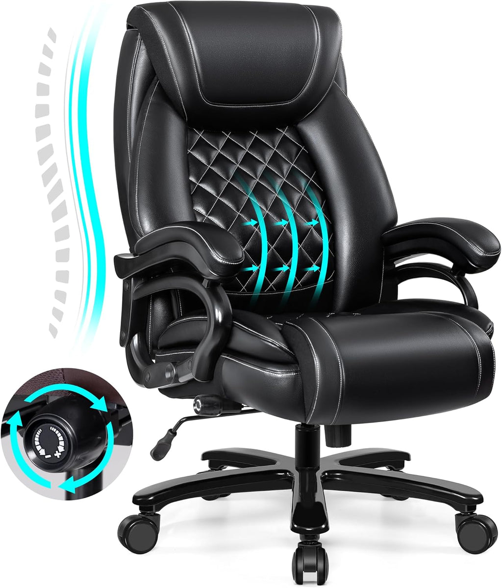 Big and Tall 500lbs Office Chair,Heavy Duty Large PU Leather Executive Desk Chair with Wide Seat, Adjustbale Ergonomic Lumbar Support High Back Rocking Computer Chair for Heavy People
