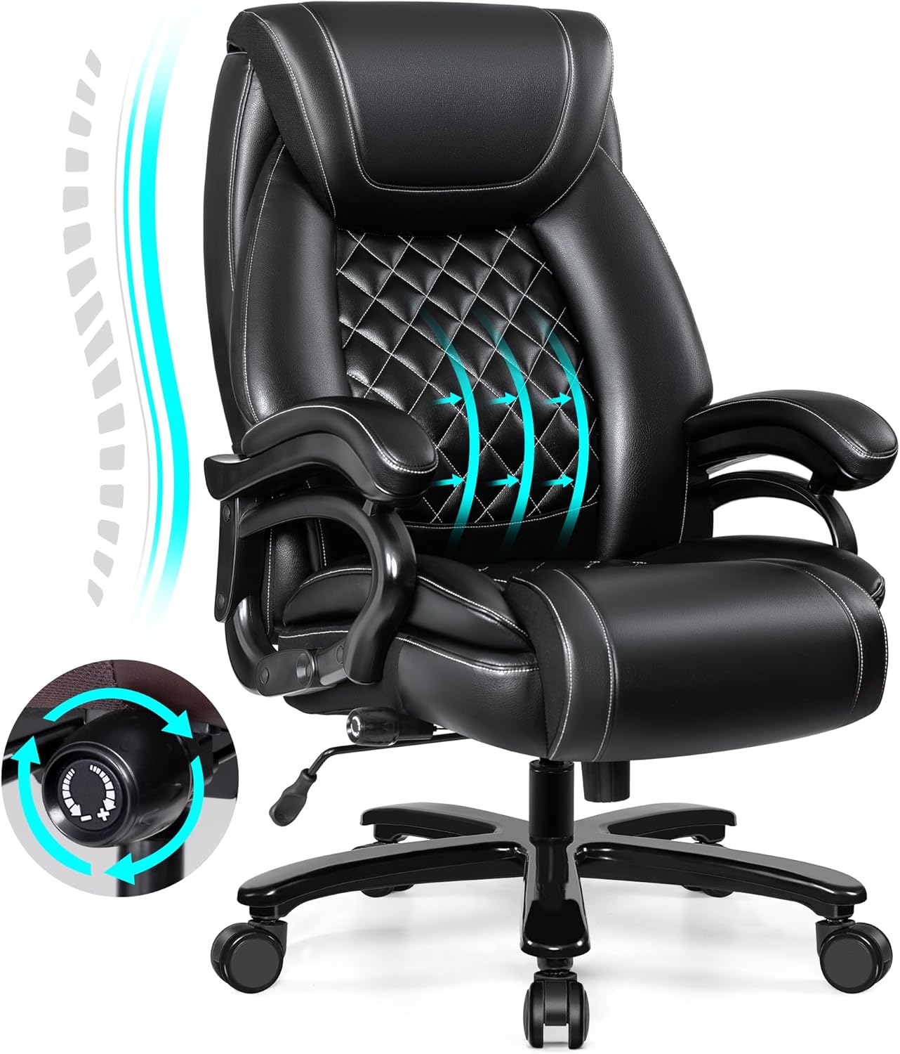 Big and Tall 500lbs Office Chair,Heavy Duty Large PU Leather Executive Desk Chair with Wide Seat, Adjustbale Ergonomic Lumbar Support High Back Rocking Computer Chair for Heavy People