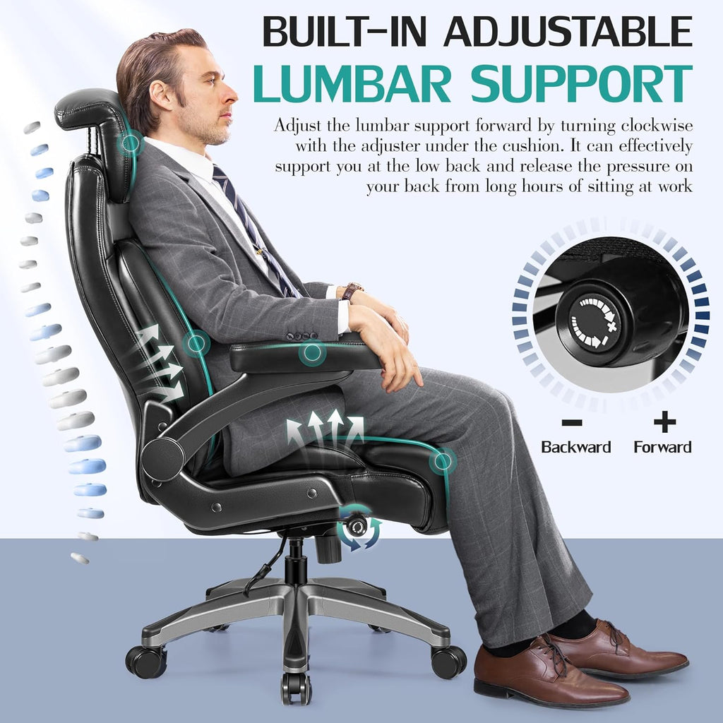 500lbs Executive Office Chair, Big and Tall Home Desk Chairs for Large People, Heavy Duty PU Leather Computer Gaming Chair with Adjustable Lumbar Support & Armrests, Thick Padding for Comfort