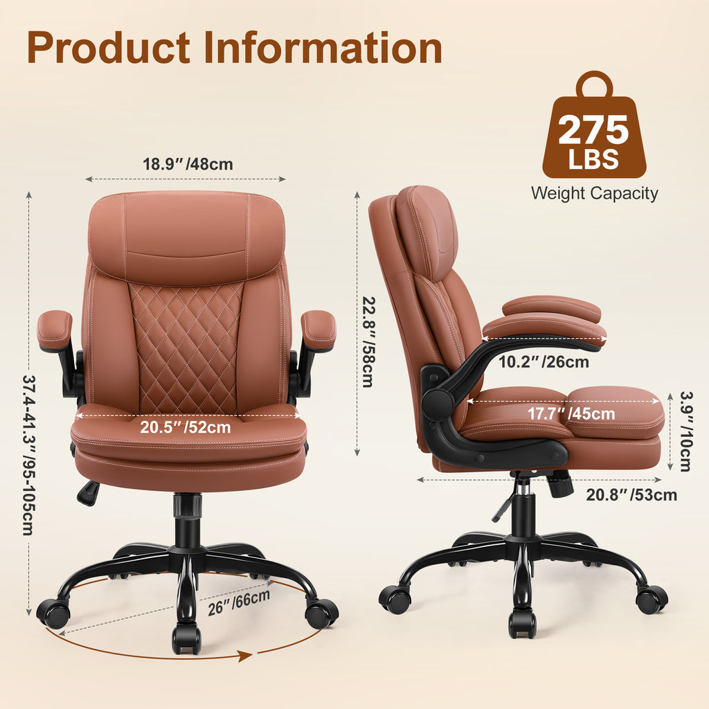 Leather Office Chair, Upgraded Double-Layer Seat Cushion and Neckrest PU Computer Desk Chairs, 360°Swivel, Ergonomic Small Gaming Chair with Wheels and Adjustable Armrests for Short People, Brown