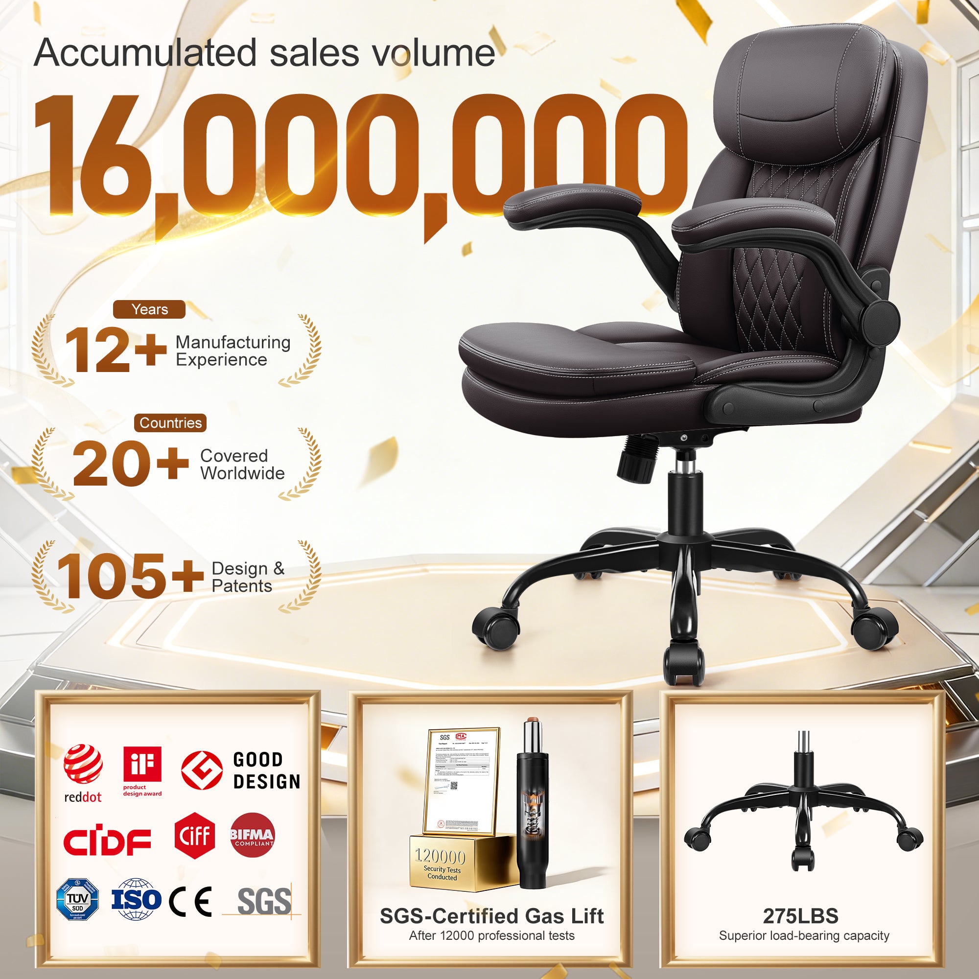 Leather Office Chair, PU Computer Desk Chairs with Upgraded Double-Layer Seat Cushion and Neckrest, 360°Swivel, Ergonomic Small Gaming Chair with Wheels and Adjustable Armrests, Dark Brown