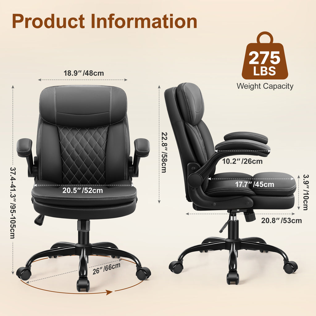 Leather Office Chair, Upgraded PU Computer Desk Chairs with Double-Layer Seat Cushion and Neckrest, 360°Swivel, Ergonomic Small Gaming Chair with Wheels and Adjustable Armrests for Short People, Black