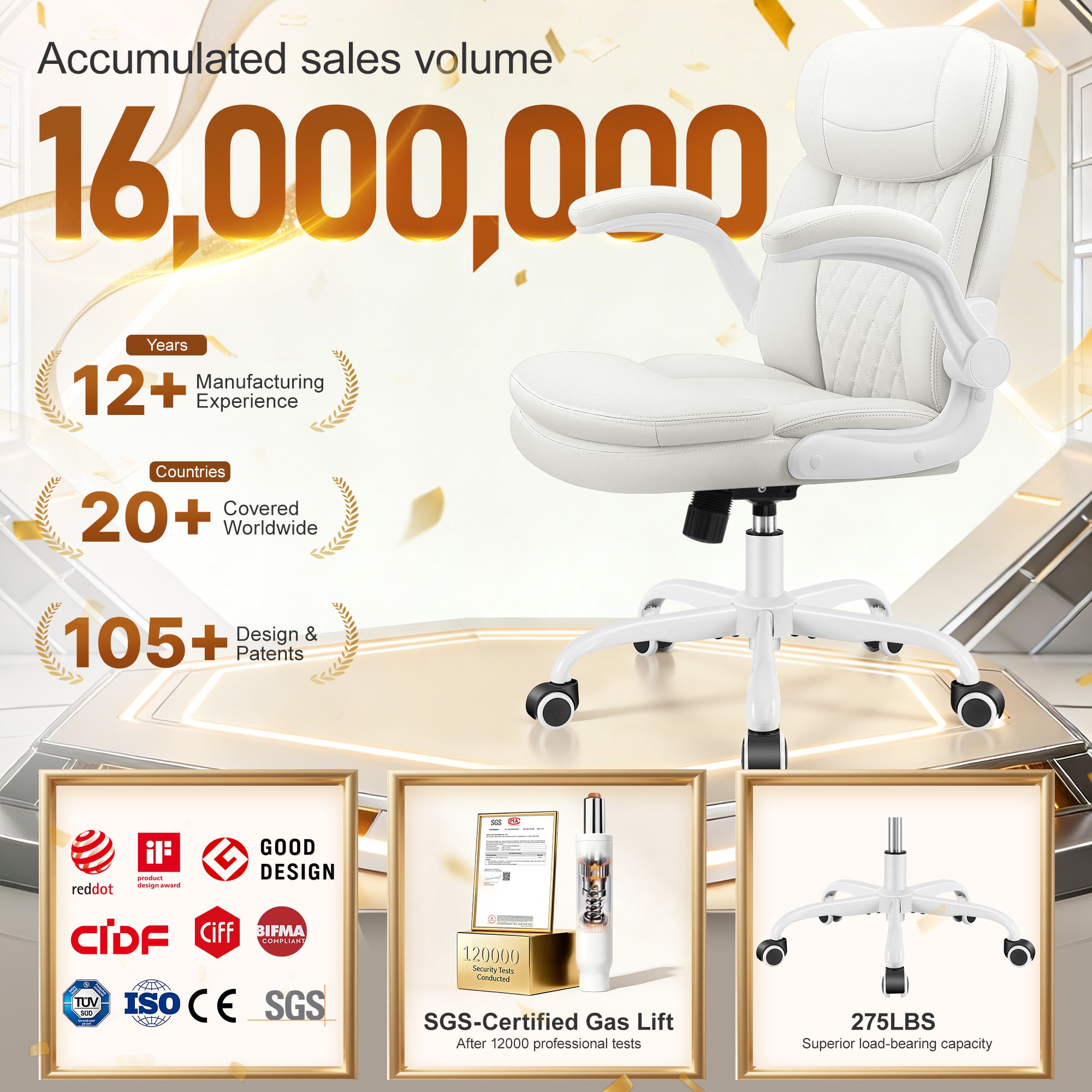 Leather Office Chair, PU Computer Desk Chairs with Upgraded Double-Layer Seat Cushion and Neckrest, 360°Swivel, Ergonomic Small Gaming Chair with Wheels and Adjustable Armrests for Short People, White