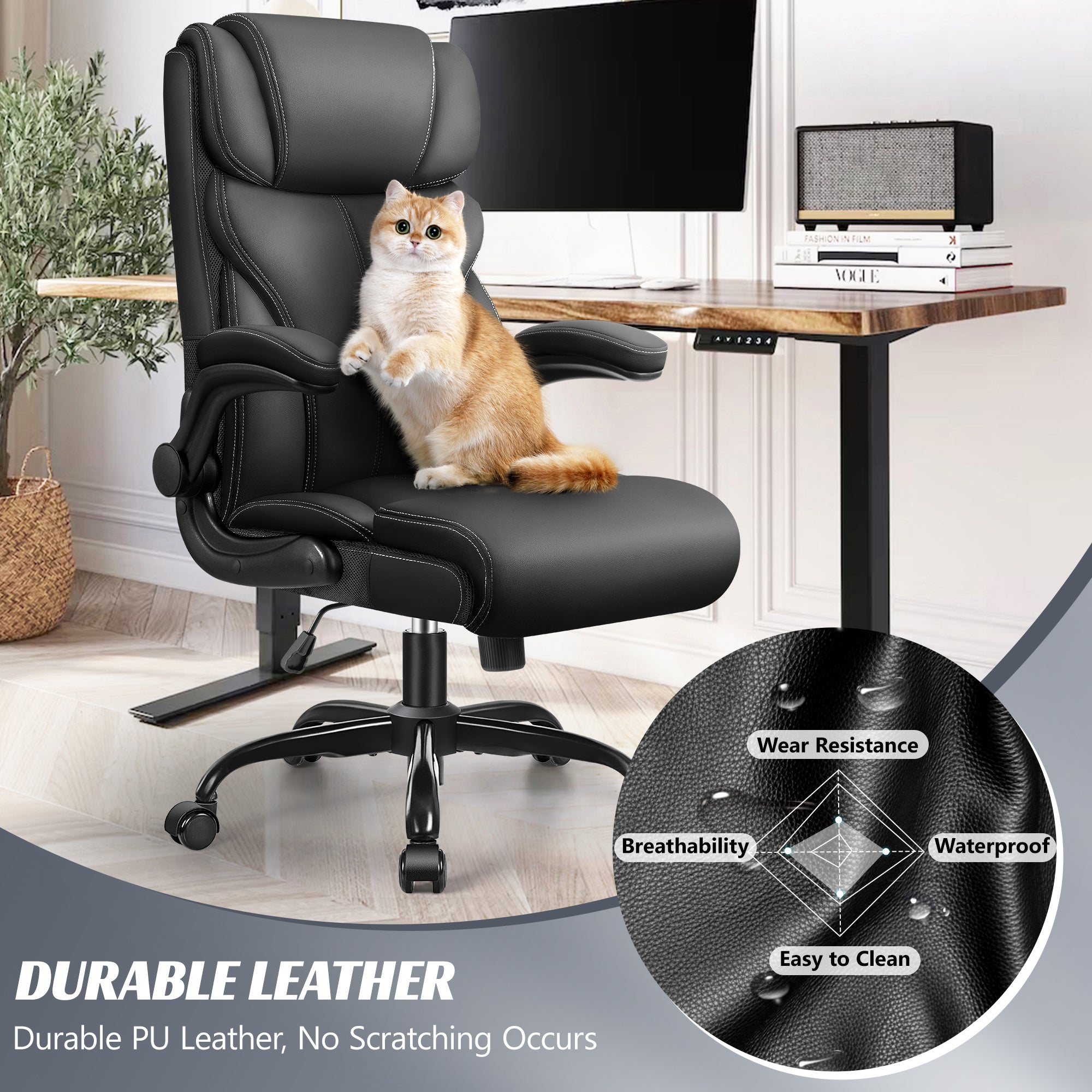 HeroSet Office Chair, Ergonomic Big and Tall Computer Desk Chairs, Executive Breathable Leather Chair with Adjustable Flip-up Armrests, Lumbar Support Swivel PC Chair with Rocking Function