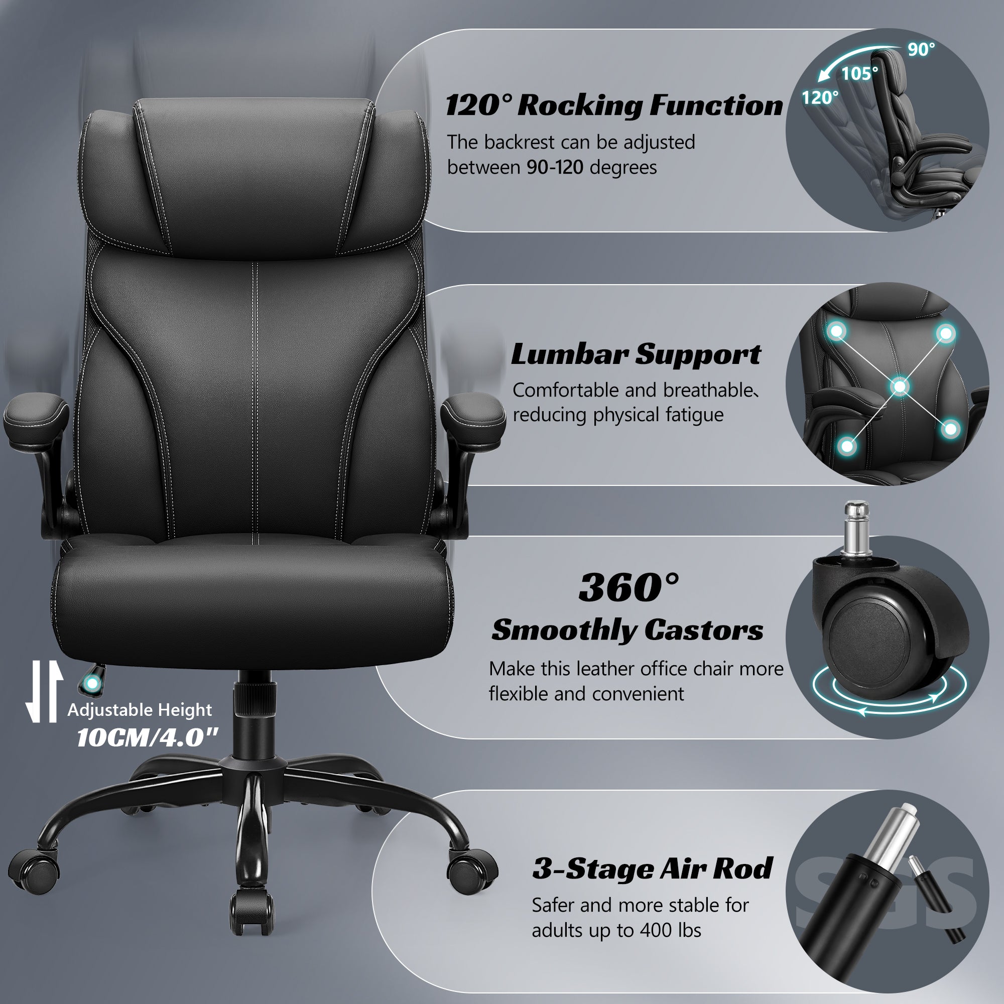 HeroSet Office Chair, Ergonomic Big and Tall Computer Desk Chairs, Executive Breathable Leather Chair with Adjustable Flip-up Armrests, Lumbar Support Swivel PC Chair with Rocking Function