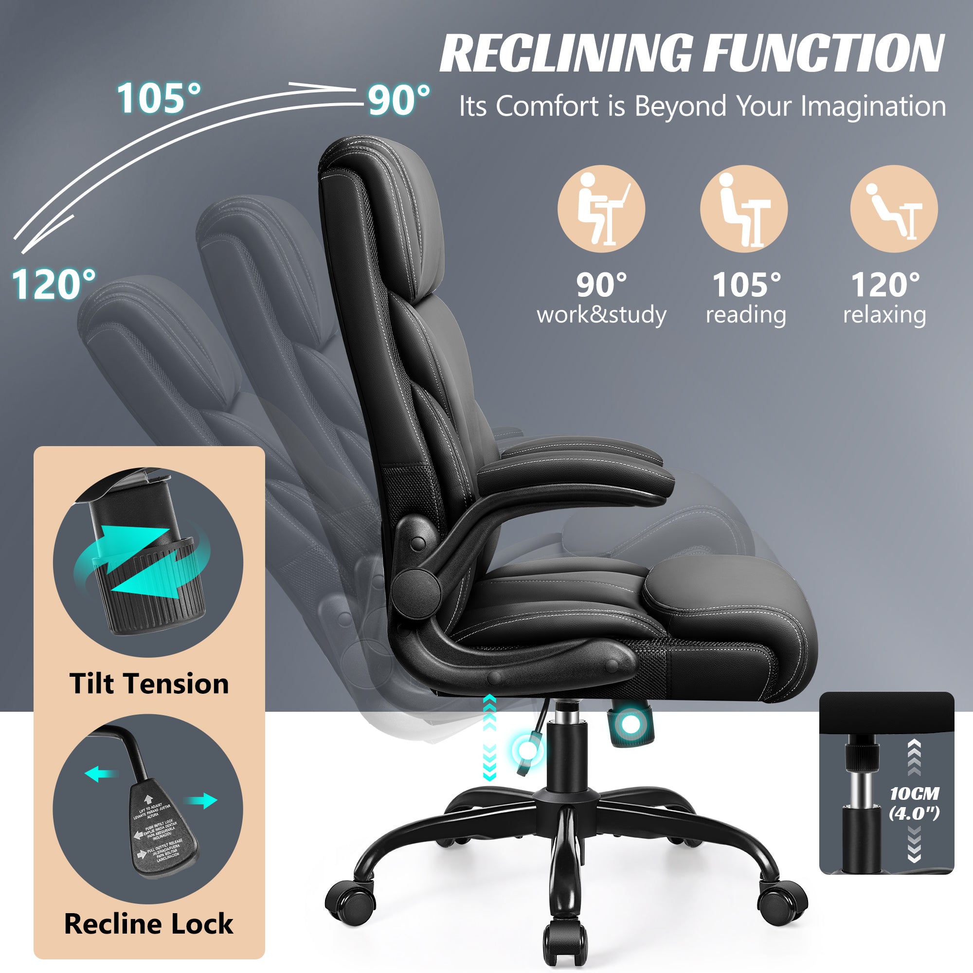 HeroSet Office Chair, Ergonomic Big and Tall Computer Desk Chairs, Executive Breathable Leather Chair with Adjustable Flip-up Armrests, Lumbar Support Swivel PC Chair with Rocking Function