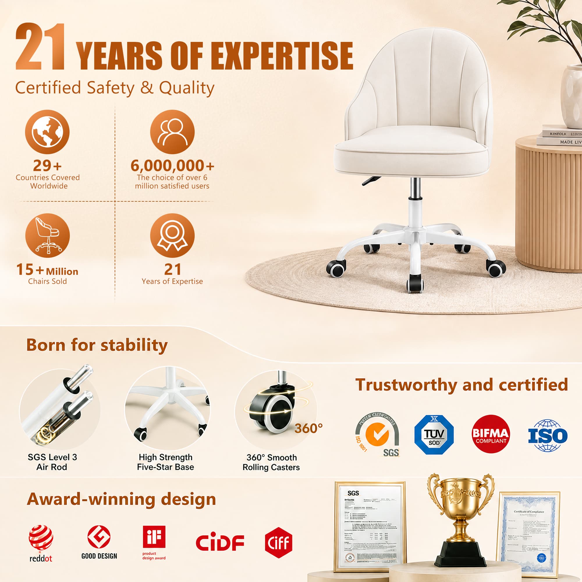 HeroSet Velvet Vanity Chair, Office Desk Chair with Wheels, Height Adjustable Swivel Desk Chair, Cute Mid Back Task Stool for Home Office, Bedroom Makeup Dressing, Beige