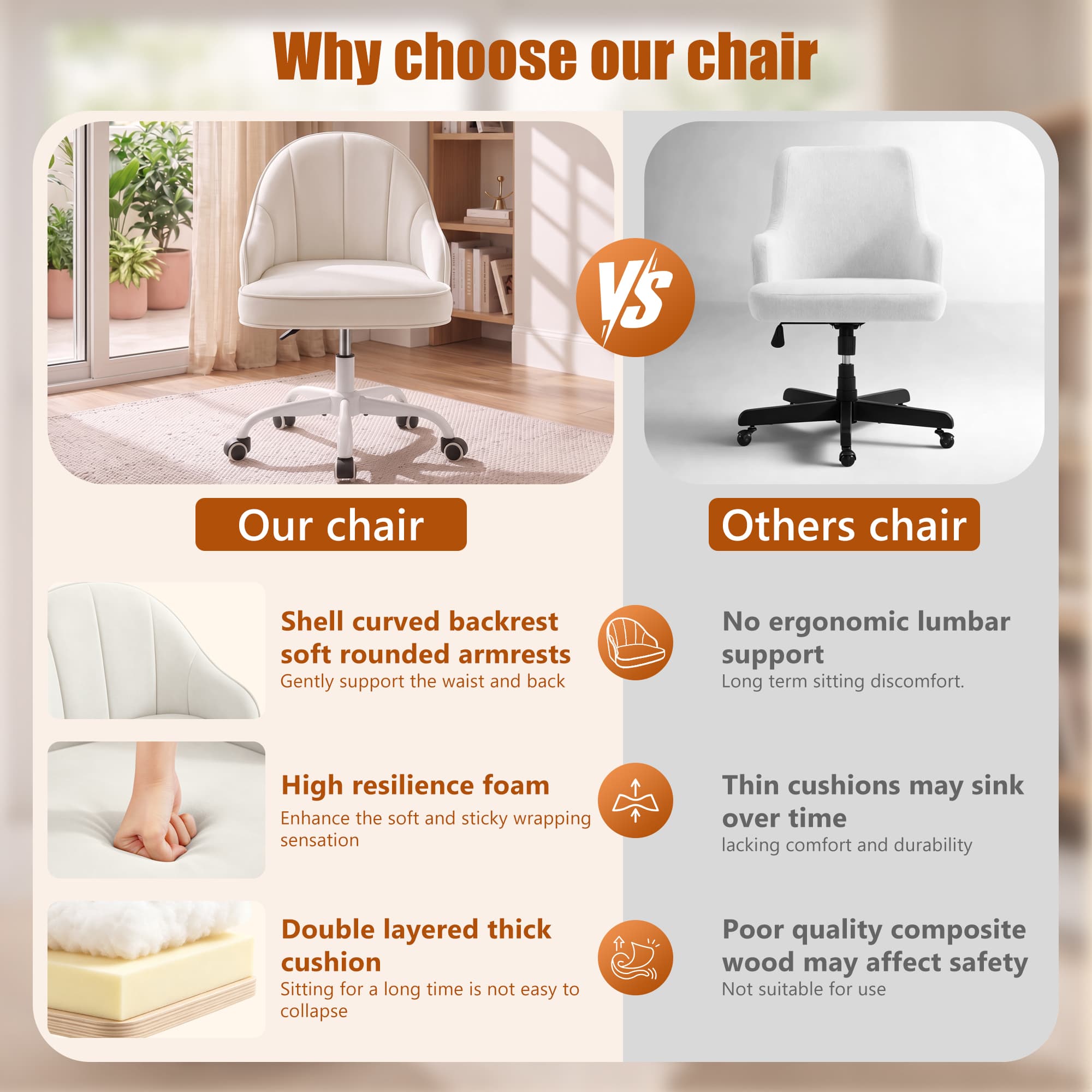 HeroSet Velvet Vanity Chair, Office Desk Chair with Wheels, Height Adjustable Swivel Desk Chair, Cute Mid Back Task Stool for Home Office, Bedroom Makeup Dressing, Beige