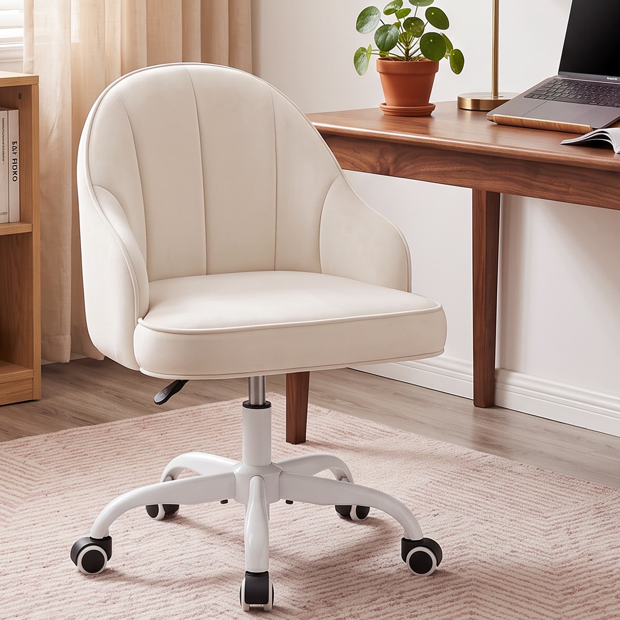 HeroSet Velvet Vanity Chair, Office Desk Chair with Wheels, Height Adjustable Swivel Desk Chair, Cute Mid Back Task Stool for Home Office, Bedroom Makeup Dressing, Beige