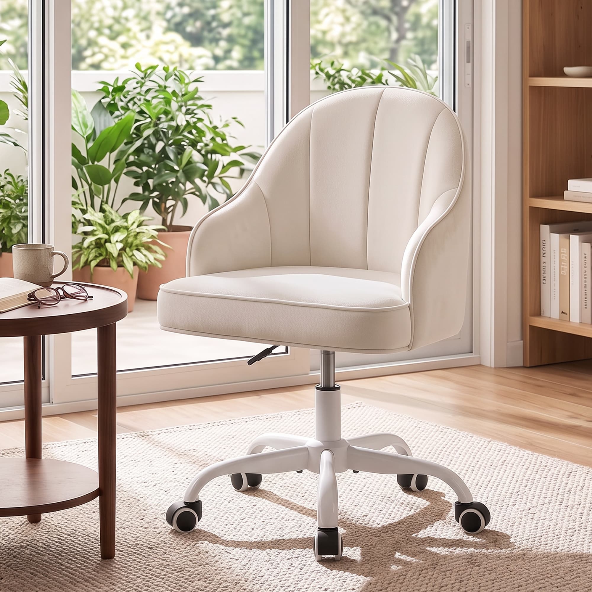 HeroSet Velvet Vanity Chair, Office Desk Chair with Wheels, Height Adjustable Swivel Desk Chair, Cute Mid Back Task Stool for Home Office, Bedroom Makeup Dressing, Beige