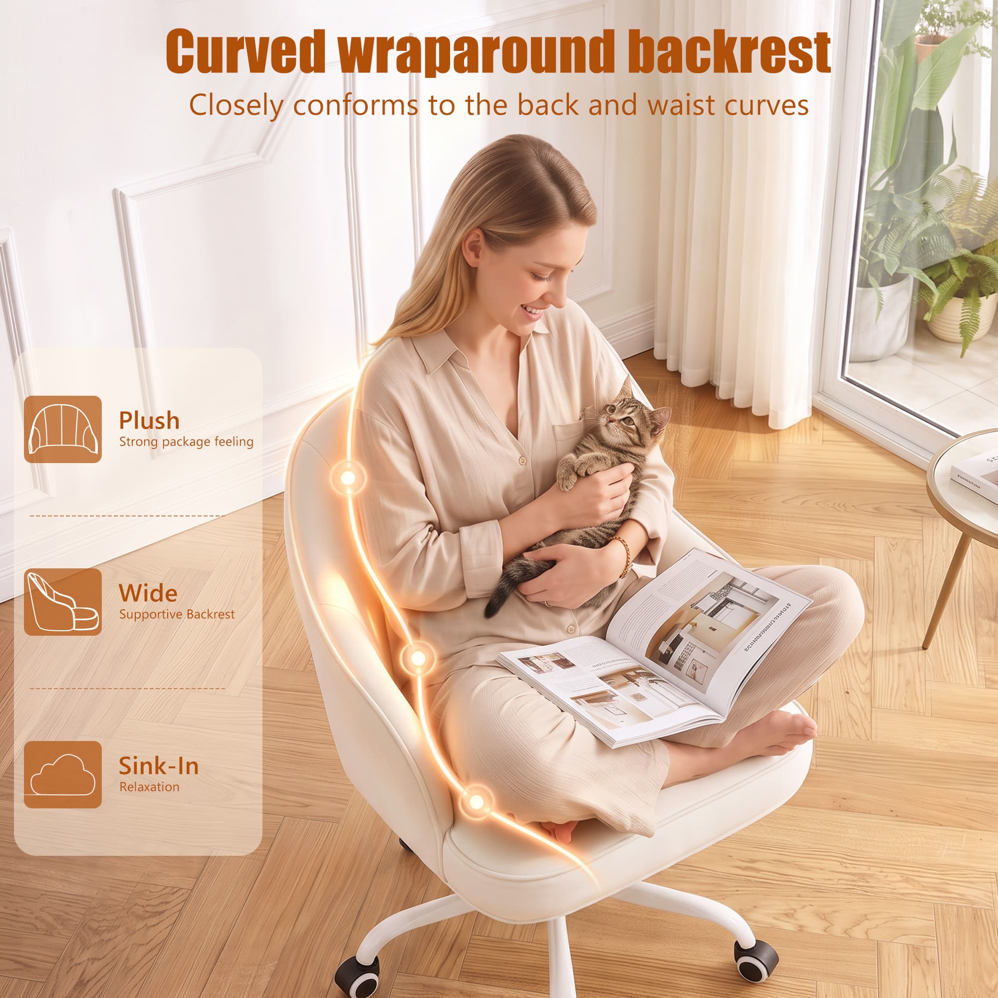 HeroSet Velvet Vanity Chair, Office Desk Chair with Wheels, Height Adjustable Swivel Desk Chair, Cute Mid Back Task Stool for Home Office, Bedroom Makeup Dressing, Beige