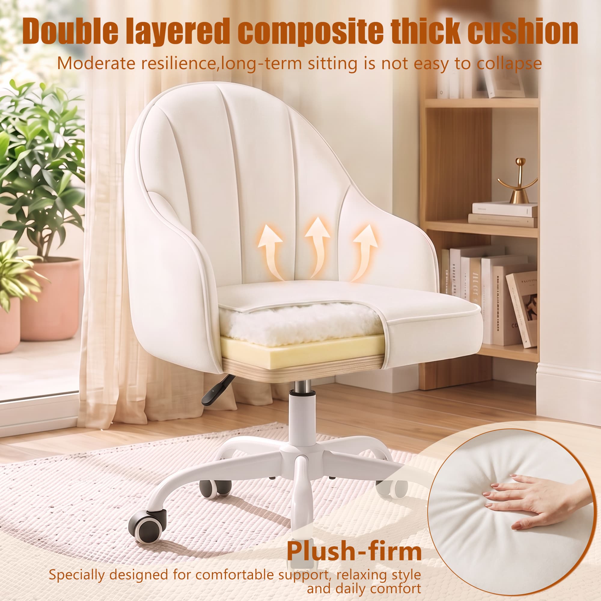 HeroSet Velvet Vanity Chair, Office Desk Chair with Wheels, Height Adjustable Swivel Desk Chair, Cute Mid Back Task Stool for Home Office, Bedroom Makeup Dressing, Beige
