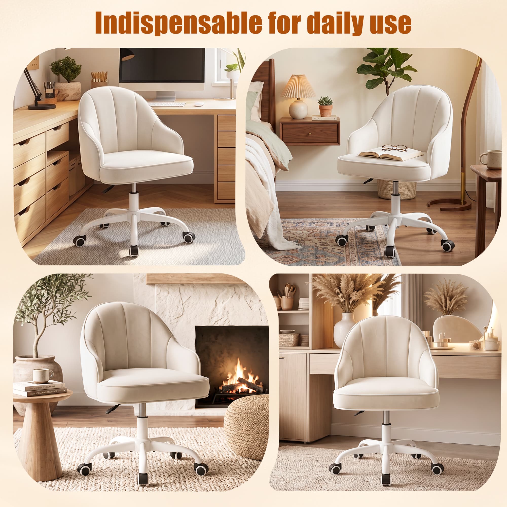 HeroSet Velvet Vanity Chair, Office Desk Chair with Wheels, Height Adjustable Swivel Desk Chair, Cute Mid Back Task Stool for Home Office, Bedroom Makeup Dressing, Beige