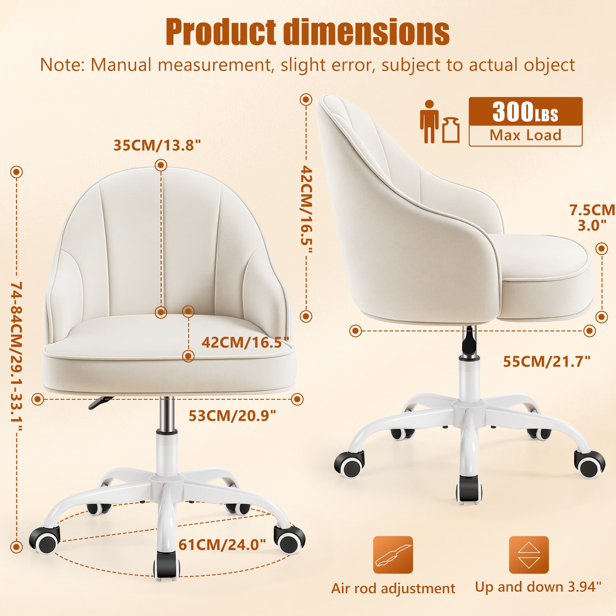 HeroSet Velvet Vanity Chair, Office Desk Chair with Wheels, Height Adjustable Swivel Desk Chair, Cute Mid Back Task Stool for Home Office, Bedroom Makeup Dressing, Beige