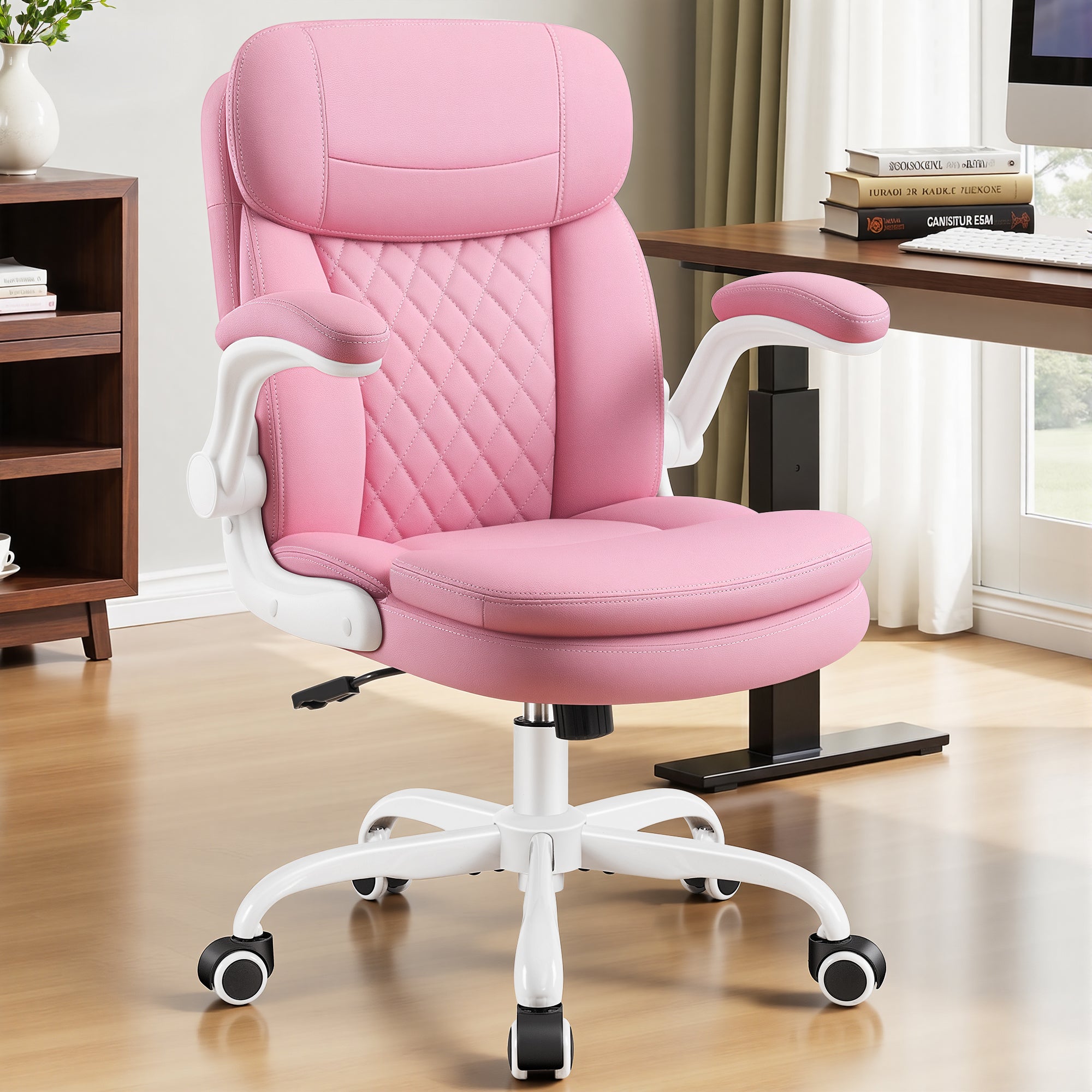 Leather Office Chair, Upgraded PU Computer Desk Chairs with Double-Layer Seat Cushion and Neckrest, 360°Swivel, Ergonomic Small Gaming Chair with Wheels and Adjustable Armrests for Short People, Pink