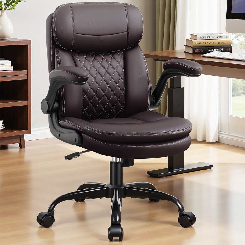 Leather Office Chair, PU Computer Desk Chairs with Upgraded Double-Layer Seat Cushion and Neckrest, 360°Swivel, Ergonomic Small Gaming Chair with Wheels and Adjustable Armrests, Dark Brown