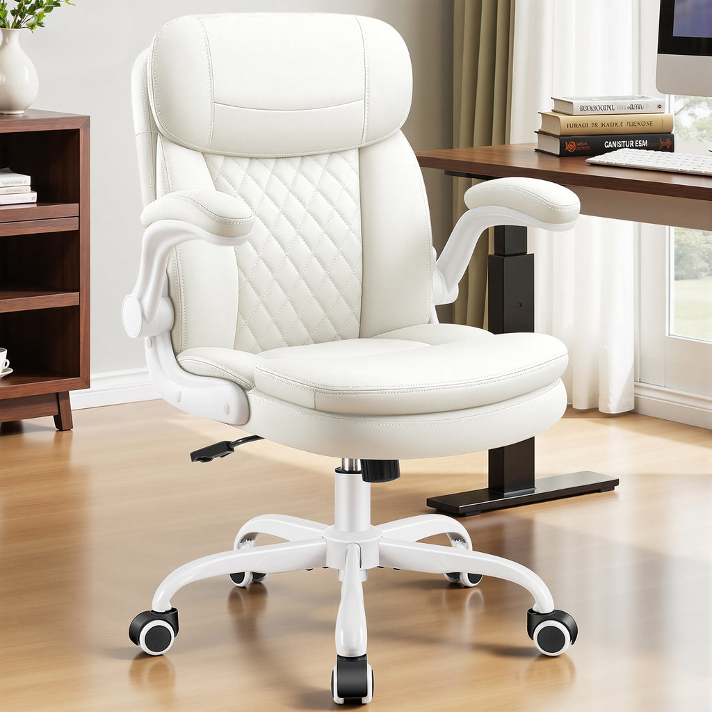Leather Office Chair, PU Computer Desk Chairs with Upgraded Double-Layer Seat Cushion and Neckrest, 360°Swivel, Ergonomic Small Gaming Chair with Wheels and Adjustable Armrests for Short People, White